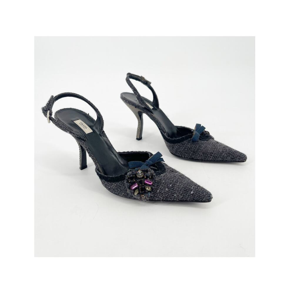 Vintage Prada Gray Tweed Crystal Bow Detail Slingback Pointed Toe Heels IT 38.5